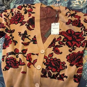 T Tahari Red and Tan Floral Cardigan
